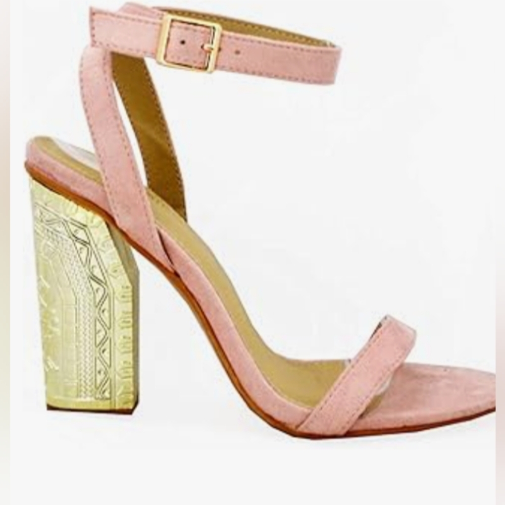 Detailed Metal Look Heel,8.5 Size,Blush, Open Toe,Buckle,4 Inch Heel